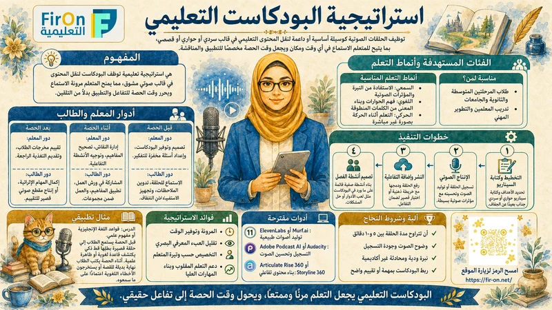 رسم تعليمي لاستراتيجية البودكاست التعليمي - FirOn التعليمية