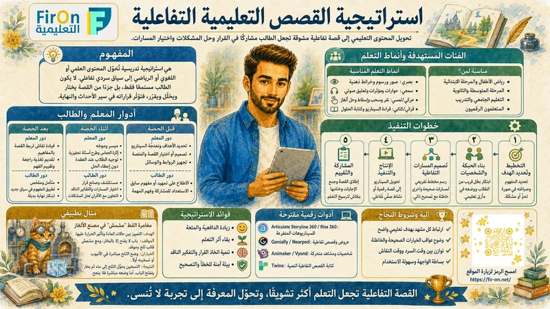 رسم تعليمي لاستراتيجية القصص التعليمية التفاعلية - FirOn التعليمية