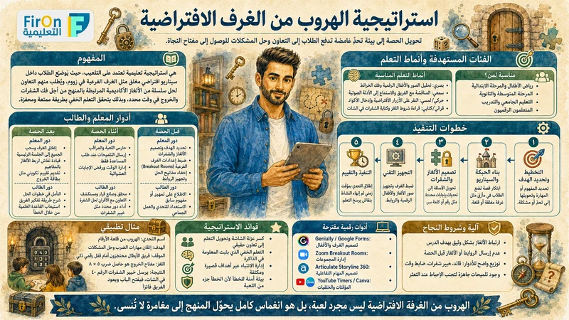 رسم تعليمي لاستراتيجية الهروب من الغرف الافتراضية - FirOn التعليمية
